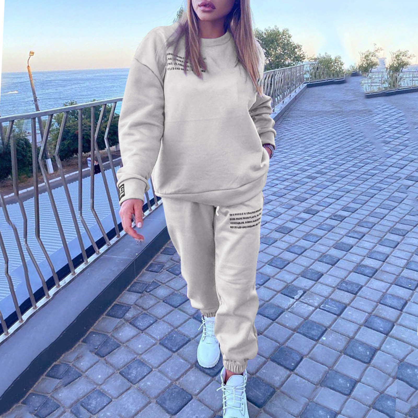 thumbnail image 2 of Conjunto de chándal de mujer con estampado de letras de 2 piezas: camiseta de manga larga con cuello redondo y pantalones holgados, informal/deportivo, otoño/invierno (S-XL), 2 of 8
